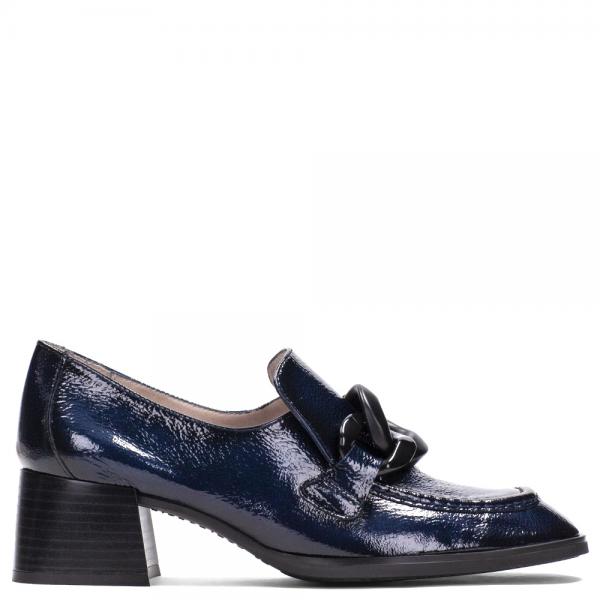 Women's loafers with a heel in blue leather