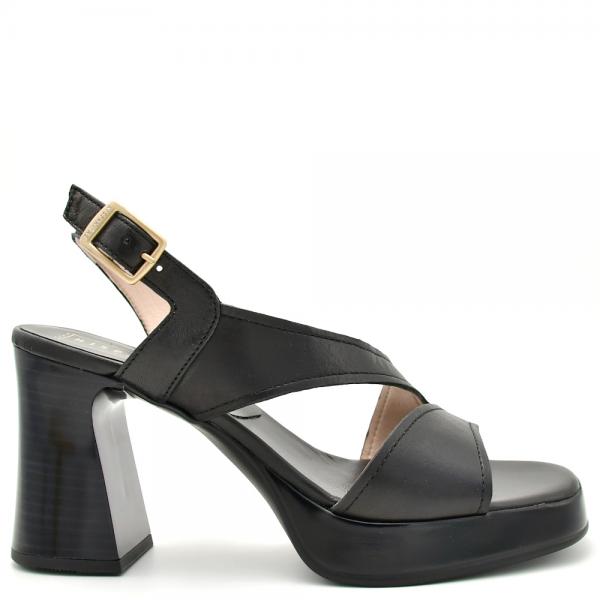 Women's sandals with a thick heel in black leather